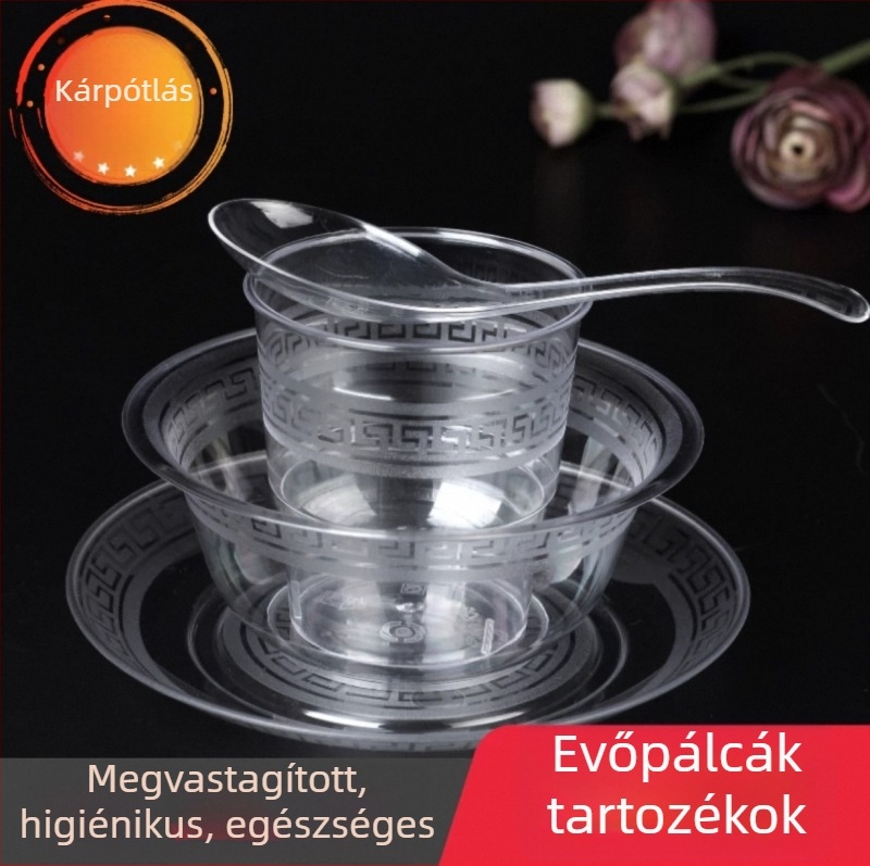 Egyszer használatos műanyag étkészlet: tálak és evőpálcikák, négy darabos készlet, kör alakú tálak, hőálló, élelmiszer-minőségű