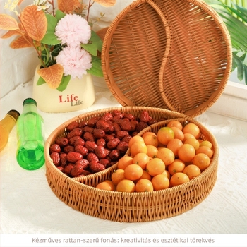PP anyagú gyümölcstál rattan imitációval, rekeszes a gyümölcsöknek, zöldségeknek és nassolnivalóknak, retro stílus, önkiszolgáló kivitel