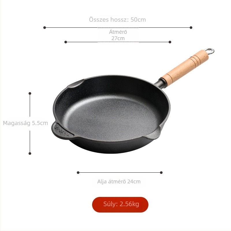 Öntöttvas serpenyő bevonat nélküli, egylapos aljzattal, gáztűzhelyhez és indukcióhoz kompatibilis