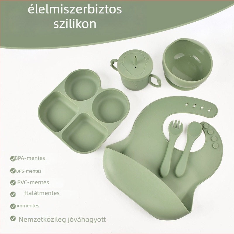 Hat részes babaszilikon étkészlet szívókorongokkal — asztali étkezéshez való, élelmiszer-minőségű szilikon, 6 hónapos kortól, Norai Baking márka