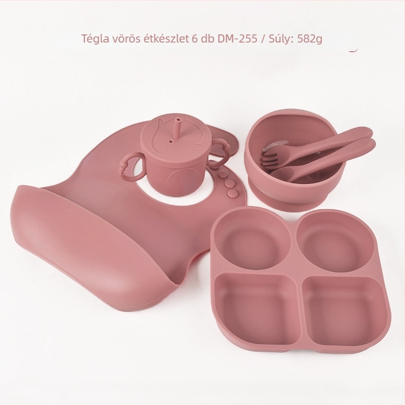 Hat részes babaszilikon étkészlet szívókorongokkal — asztali étkezéshez való, élelmiszer-minőségű szilikon, 6 hónapos kortól, Norai Baking márka