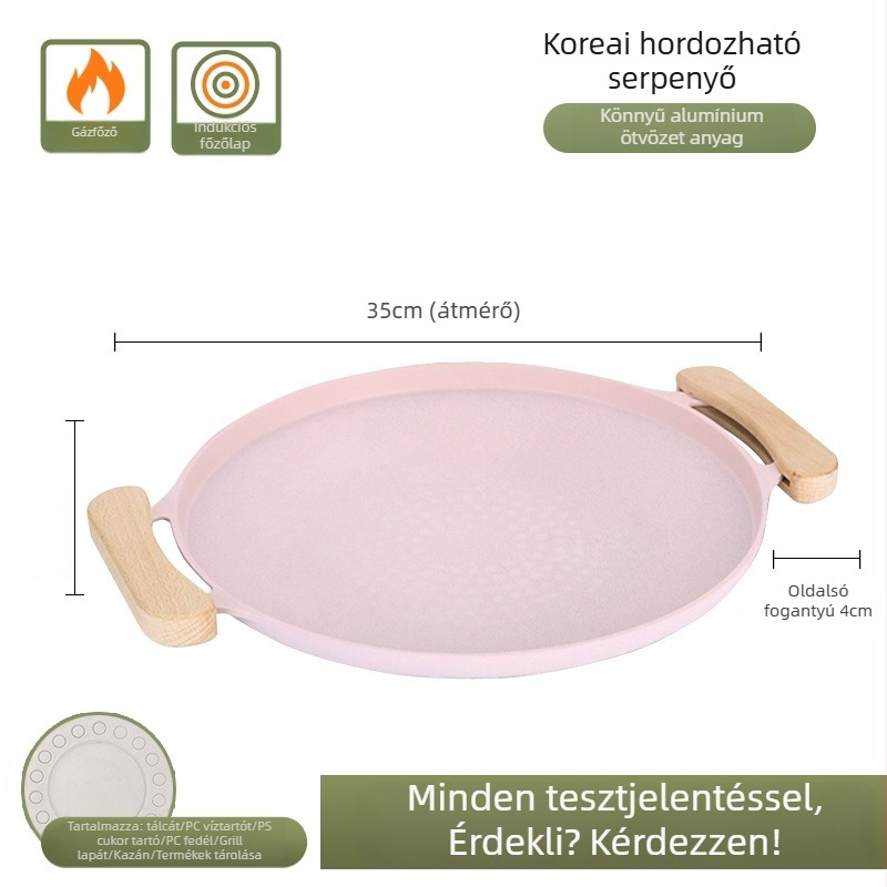 Kerek grillplatta ötvözetből kültéri főzéshez, elektroplattolt bevonattal és műanyag permet bevonattal; súly 1 kg; testreszabható feldolgozás és magáncímke licenc
