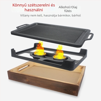 Kereskedelmi BBQ grill fa alapú, négyzet alakú vasváz, tapadásmentes báránybordákhoz tartozó tál, alkohollal működő tűzhely