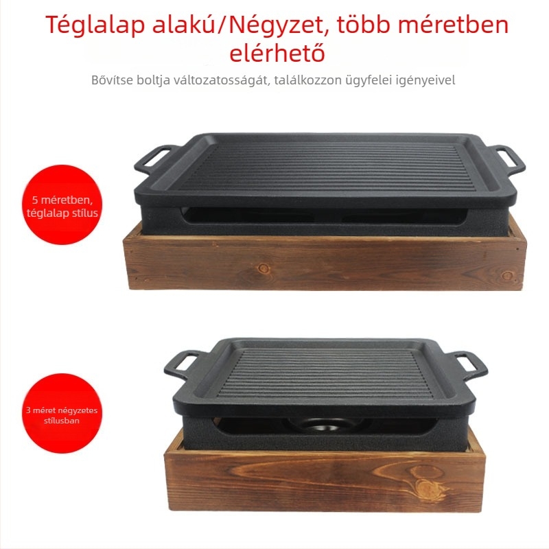 Kereskedelmi BBQ grill fa alapú, négyzet alakú vasváz, tapadásmentes báránybordákhoz tartozó tál, alkohollal működő tűzhely