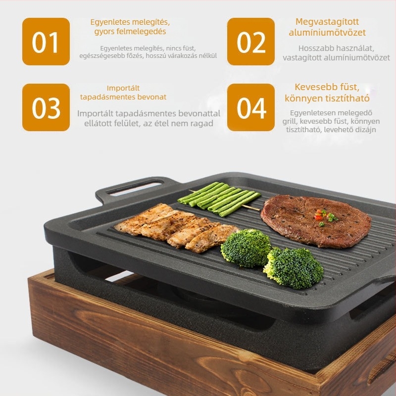 Kereskedelmi BBQ grill fa alapú, négyzet alakú vasváz, tapadásmentes báránybordákhoz tartozó tál, alkohollal működő tűzhely