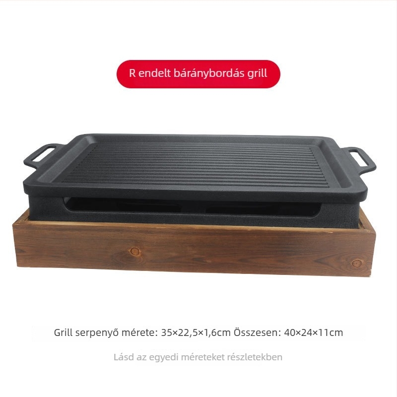Kereskedelmi BBQ grill fa alapú, négyzet alakú vasváz, tapadásmentes báránybordákhoz tartozó tál, alkohollal működő tűzhely