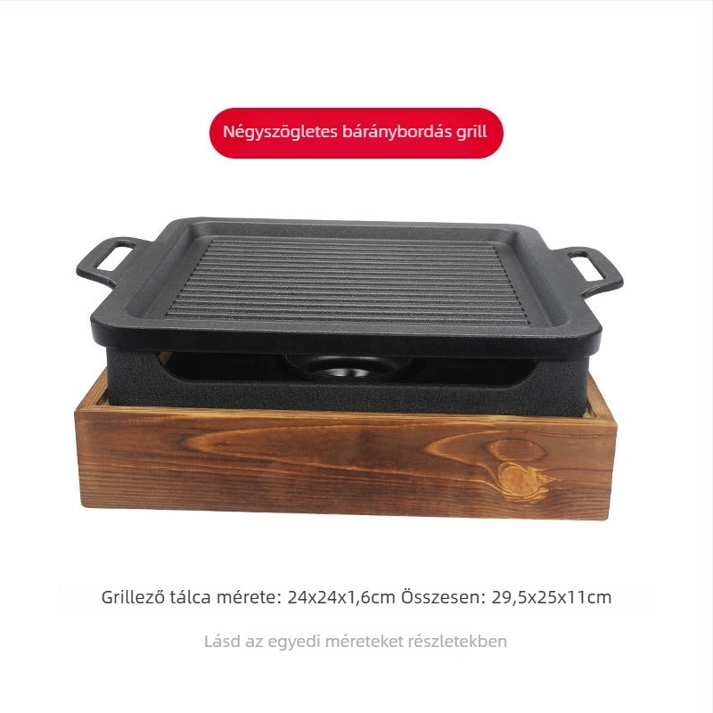 Kereskedelmi BBQ grill fa alapú, négyzet alakú vasváz, tapadásmentes báránybordákhoz tartozó tál, alkohollal működő tűzhely