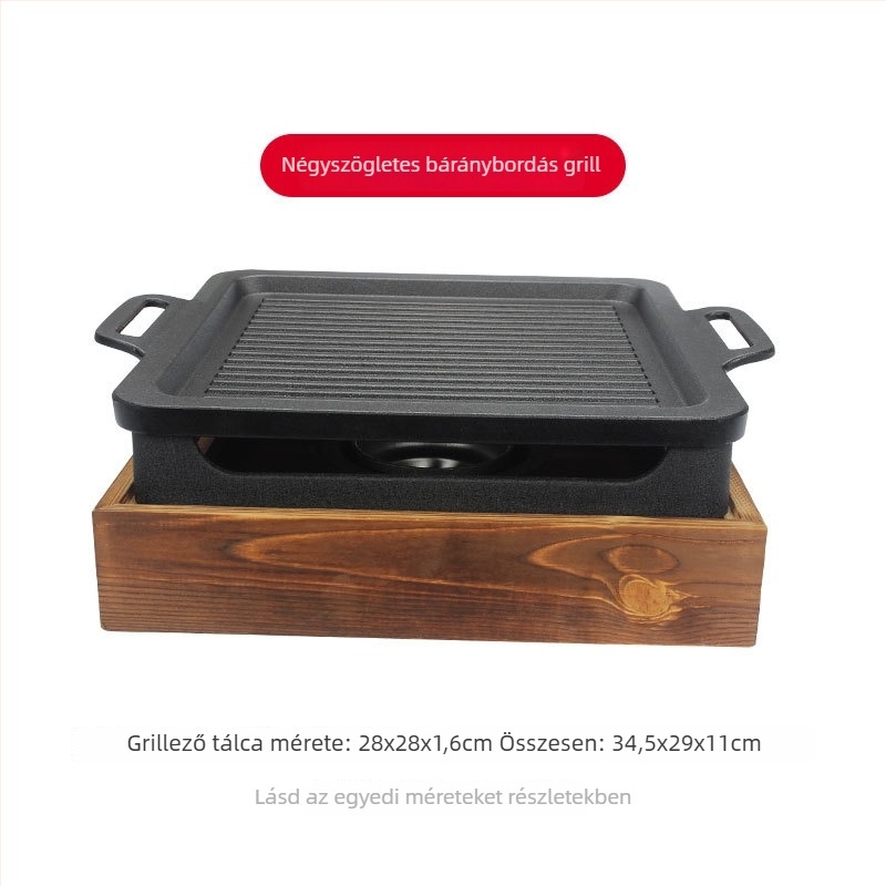 Kereskedelmi BBQ grill fa alapú, négyzet alakú vasváz, tapadásmentes báránybordákhoz tartozó tál, alkohollal működő tűzhely
