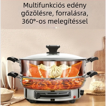 Rozsdamentes acélból készült elektromos serpenyő, 1500 W, 220 V, alkalmas 6+ adaghoz.
