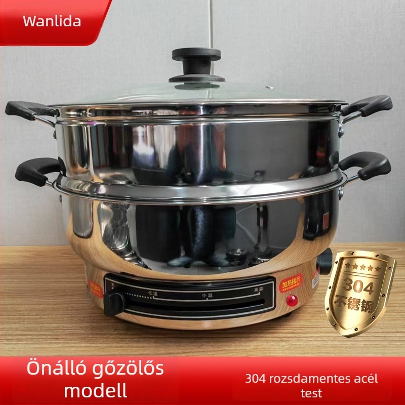 Rozsdamentes acélból készült elektromos serpenyő, 1500 W, 220 V, alkalmas 6+ adaghoz.