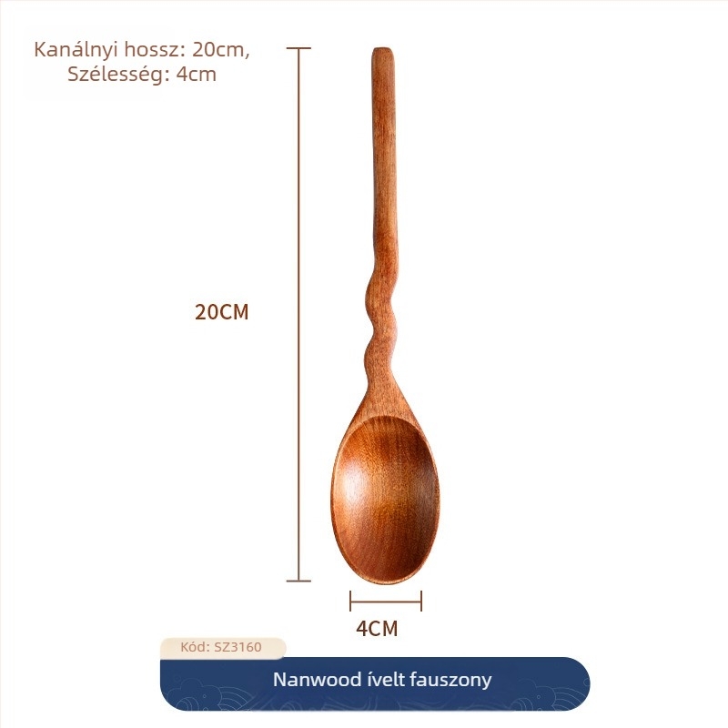 Hosszú nyelű fa evőeszközök készlet: kés, villa és kanál, könnyed luxus retro stílus, testreszabható