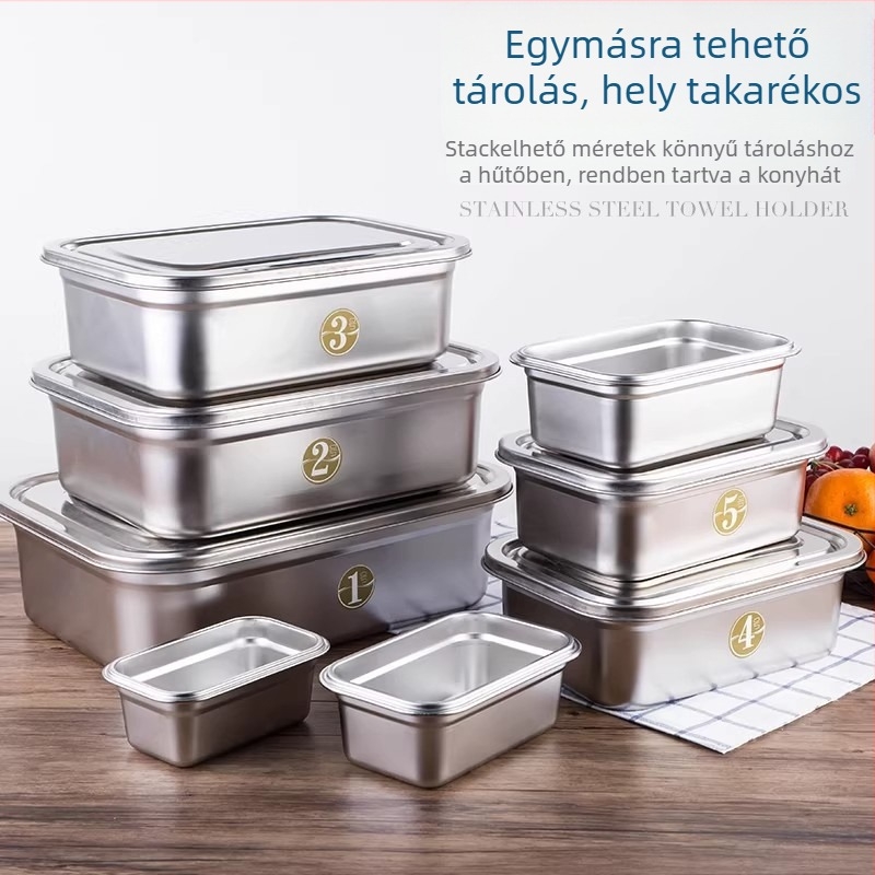 Rozsdamentes acél ebédes doboz, nagy kapacitású, téglalap alakú, mikróhullámú sütőben használható, lezárható a frissesség megőrzésére