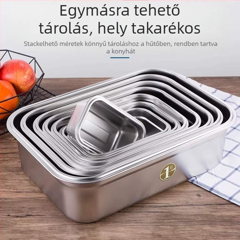 Rozsdamentes acél ebédes doboz, nagy kapacitású, téglalap alakú, mikróhullámú sütőben használható, lezárható a frissesség megőrzésére
