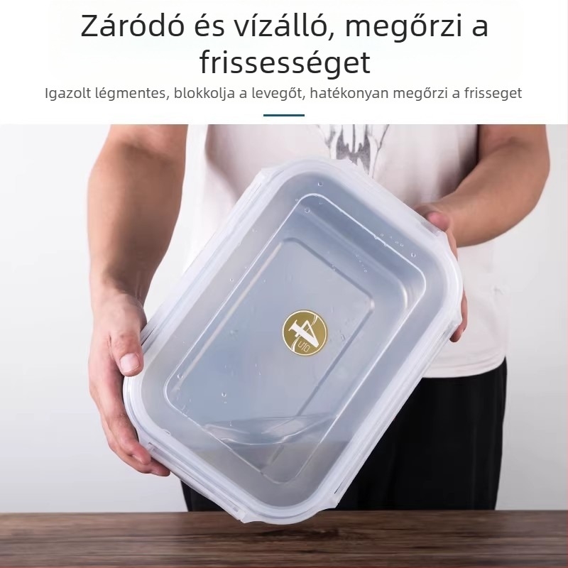 Rozsdamentes acél ebédes doboz, nagy kapacitású, téglalap alakú, mikróhullámú sütőben használható, lezárható a frissesség megőrzésére