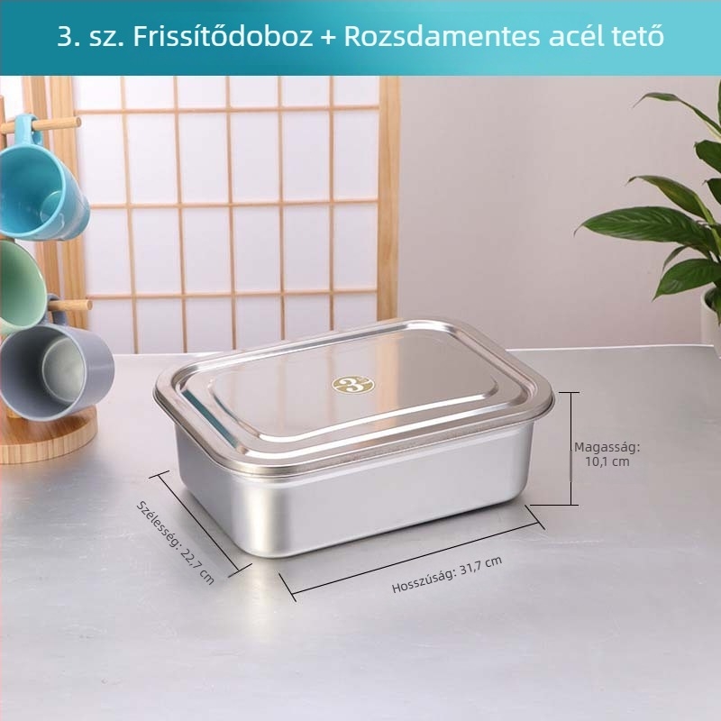 Rozsdamentes acél ebédes doboz, nagy kapacitású, téglalap alakú, mikróhullámú sütőben használható, lezárható a frissesség megőrzésére