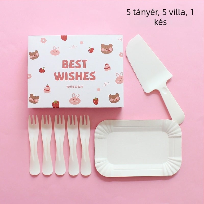Egyszer használatos műanyag tányér és evőeszközök készlet rajzfilmmedvével, dobozban csomagolva születésnapi bulira