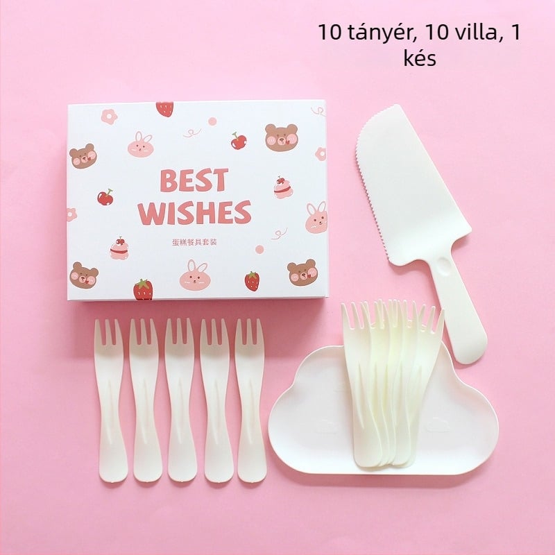 Egyszer használatos műanyag tányér és evőeszközök készlet rajzfilmmedvével, dobozban csomagolva születésnapi bulira