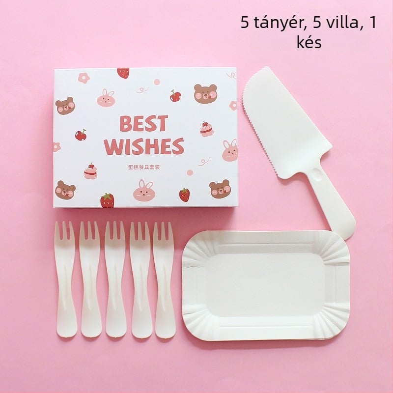 Egyszer használatos műanyag tányér és evőeszközök készlet rajzfilmmedvével, dobozban csomagolva születésnapi bulira