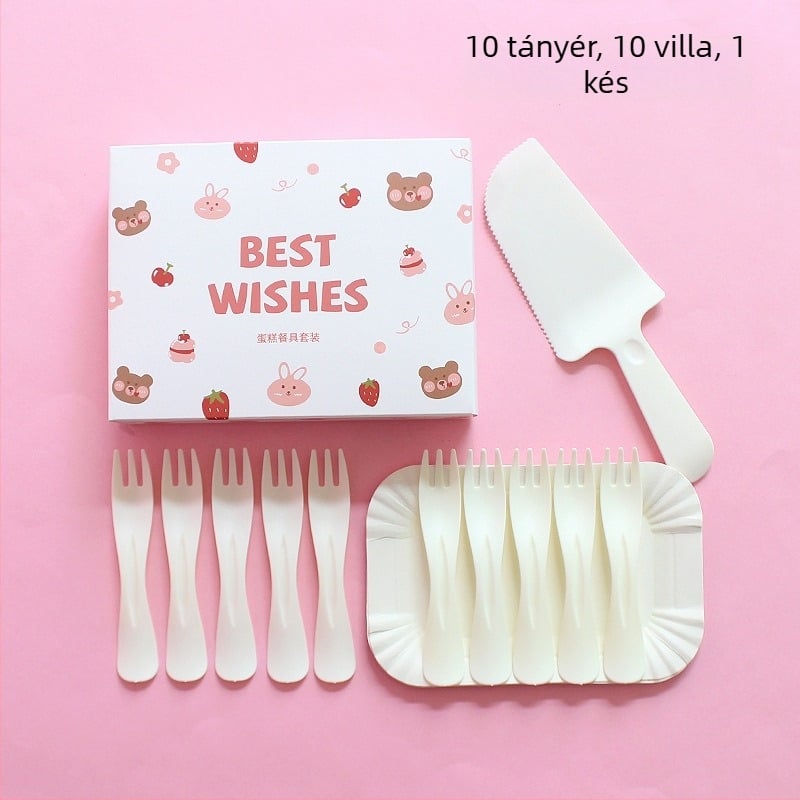 Egyszer használatos műanyag tányér és evőeszközök készlet rajzfilmmedvével, dobozban csomagolva születésnapi bulira