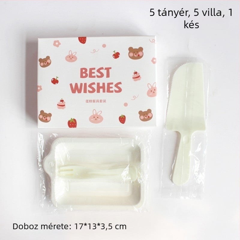 Egyszer használatos műanyag tányér és evőeszközök készlet rajzfilmmedvével, dobozban csomagolva születésnapi bulira