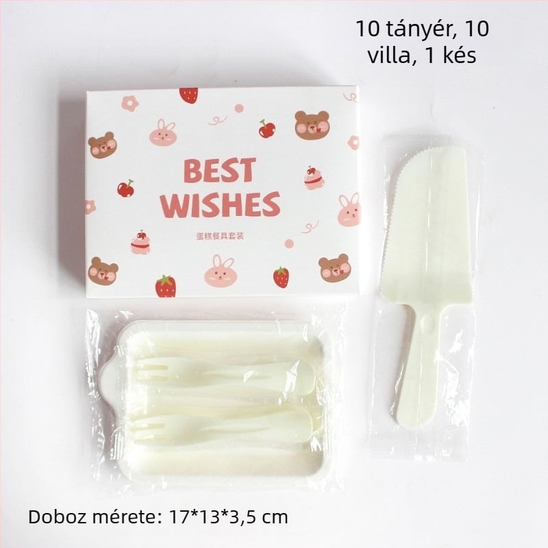 Egyszer használatos műanyag tányér és evőeszközök készlet rajzfilmmedvével, dobozban csomagolva születésnapi bulira