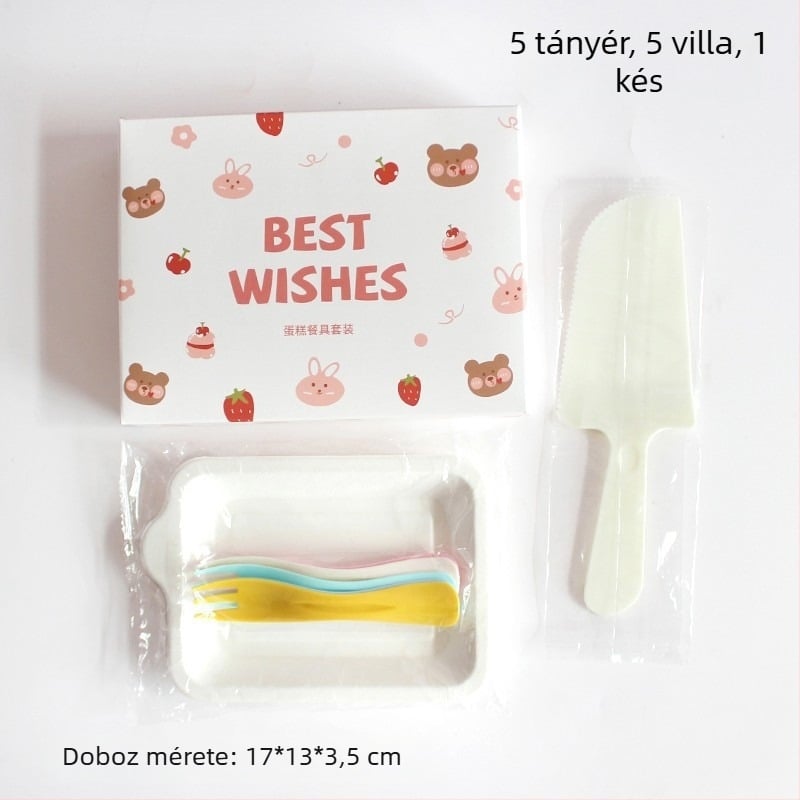 Egyszer használatos műanyag tányér és evőeszközök készlet rajzfilmmedvével, dobozban csomagolva születésnapi bulira