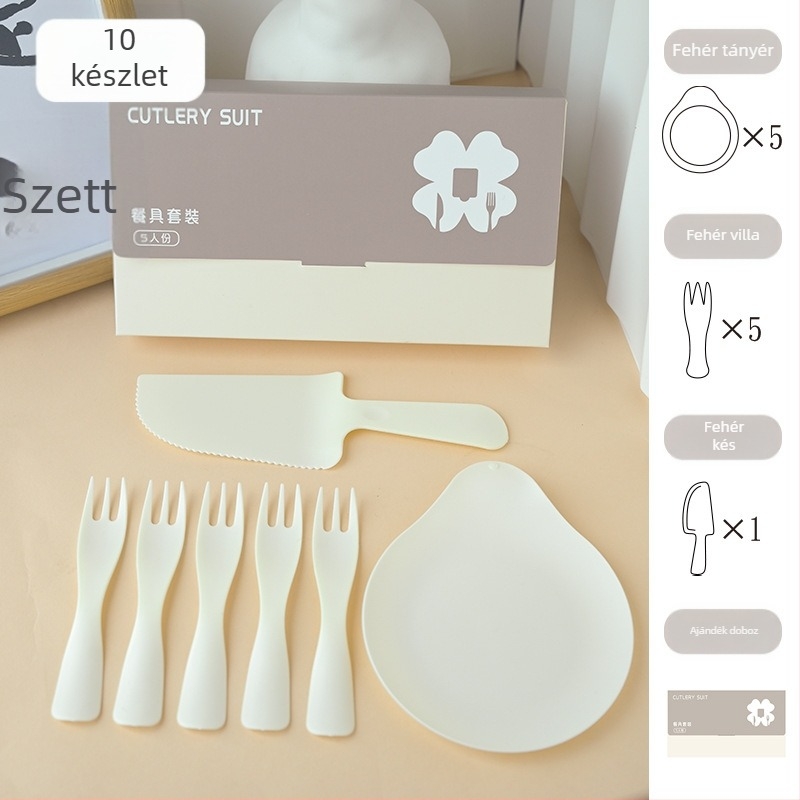 Egyszer használatos születésnapi étkezőkészlet: kés, villa, tál, csepp alakú gyertya és születésnapi sapka; öt az egyben ajándékdobozban; élelmiszerbiztonsági műanyag; testre szabható