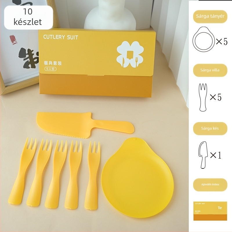 Egyszer használatos születésnapi étkezőkészlet: kés, villa, tál, csepp alakú gyertya és születésnapi sapka; öt az egyben ajándékdobozban; élelmiszerbiztonsági műanyag; testre szabható