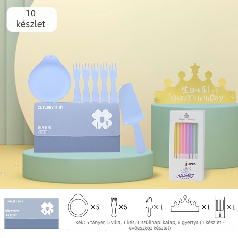 Egyszer használatos születésnapi étkezőkészlet: kés, villa, tál, csepp alakú gyertya és születésnapi sapka; öt az egyben ajándékdobozban; élelmiszerbiztonsági műanyag; testre szabható