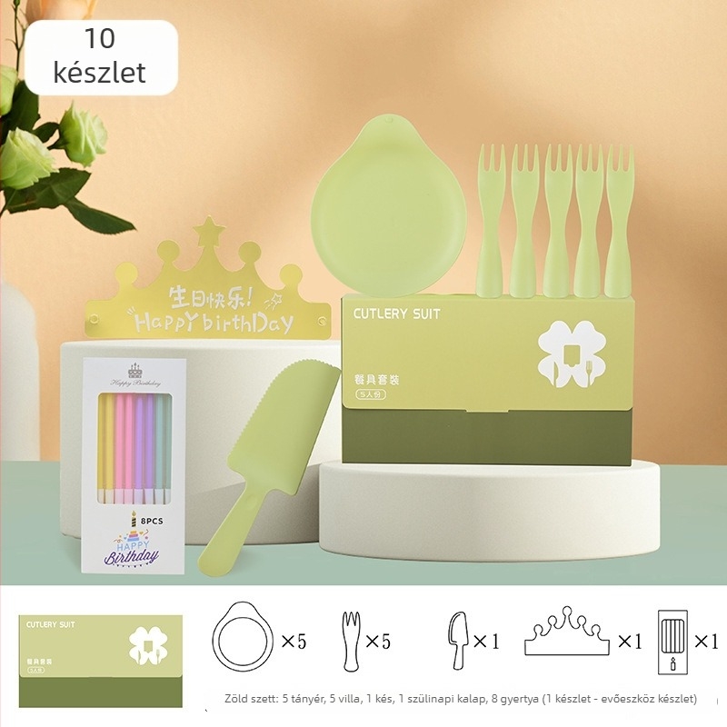 Egyszer használatos születésnapi étkezőkészlet: kés, villa, tál, csepp alakú gyertya és születésnapi sapka; öt az egyben ajándékdobozban; élelmiszerbiztonsági műanyag; testre szabható