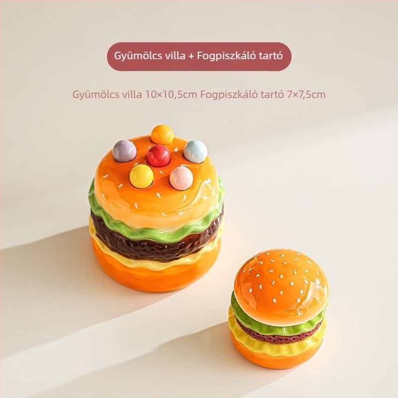 Kerámia hamburger gyümölcs villa készlet tárolóval és desszert villa
