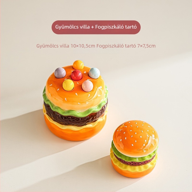 Kerámia hamburger gyümölcs villa készlet tárolóval és desszert villa
