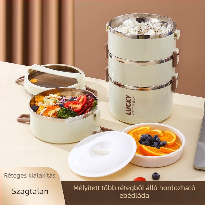 Élelmiszer-minőségű rozsdamentes acél ebédes doboz, hengeres forma, 1–2 L kapacitás, többszintes, diákoknak, mikrohullámú sütővel kompatibilis