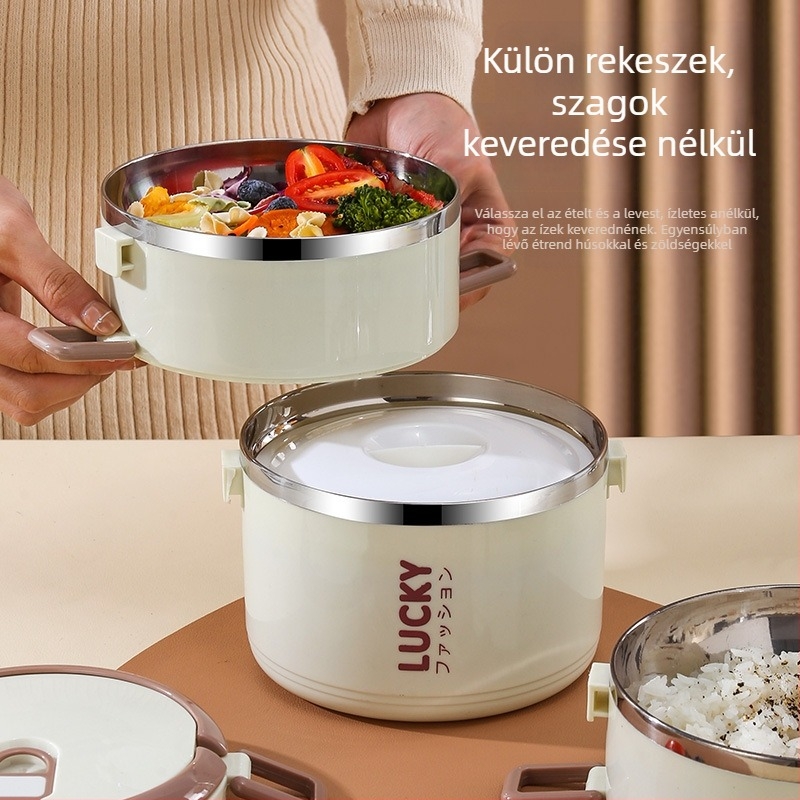 Élelmiszer-minőségű rozsdamentes acél ebédes doboz, hengeres forma, 1–2 L kapacitás, többszintes, diákoknak, mikrohullámú sütővel kompatibilis