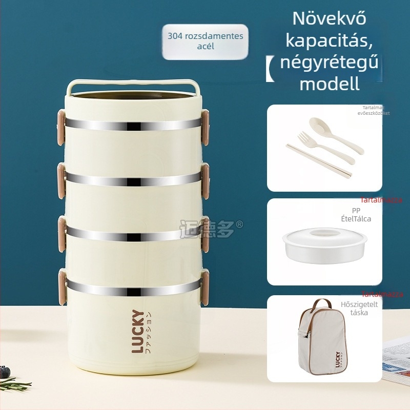 Élelmiszer-minőségű rozsdamentes acél ebédes doboz, hengeres forma, 1–2 L kapacitás, többszintes, diákoknak, mikrohullámú sütővel kompatibilis