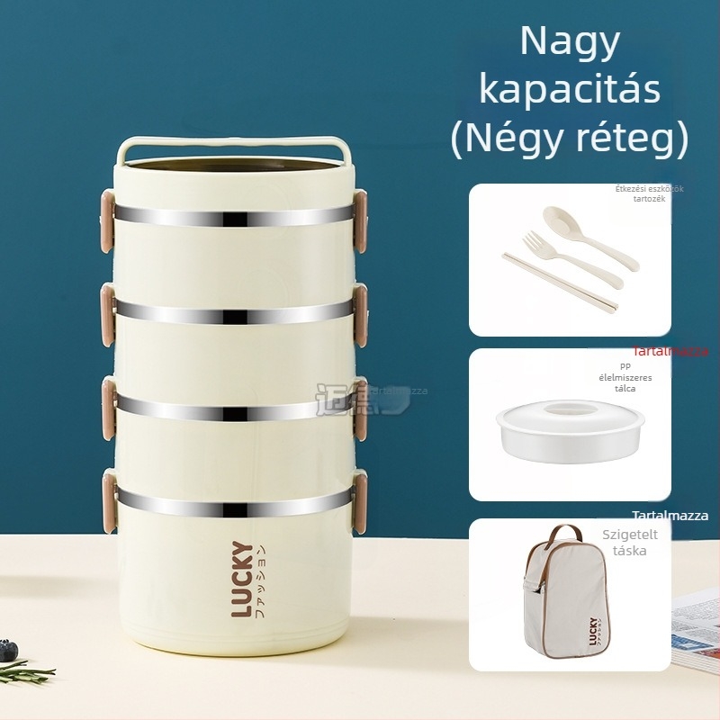 Élelmiszer-minőségű rozsdamentes acél ebédes doboz, hengeres forma, 1–2 L kapacitás, többszintes, diákoknak, mikrohullámú sütővel kompatibilis