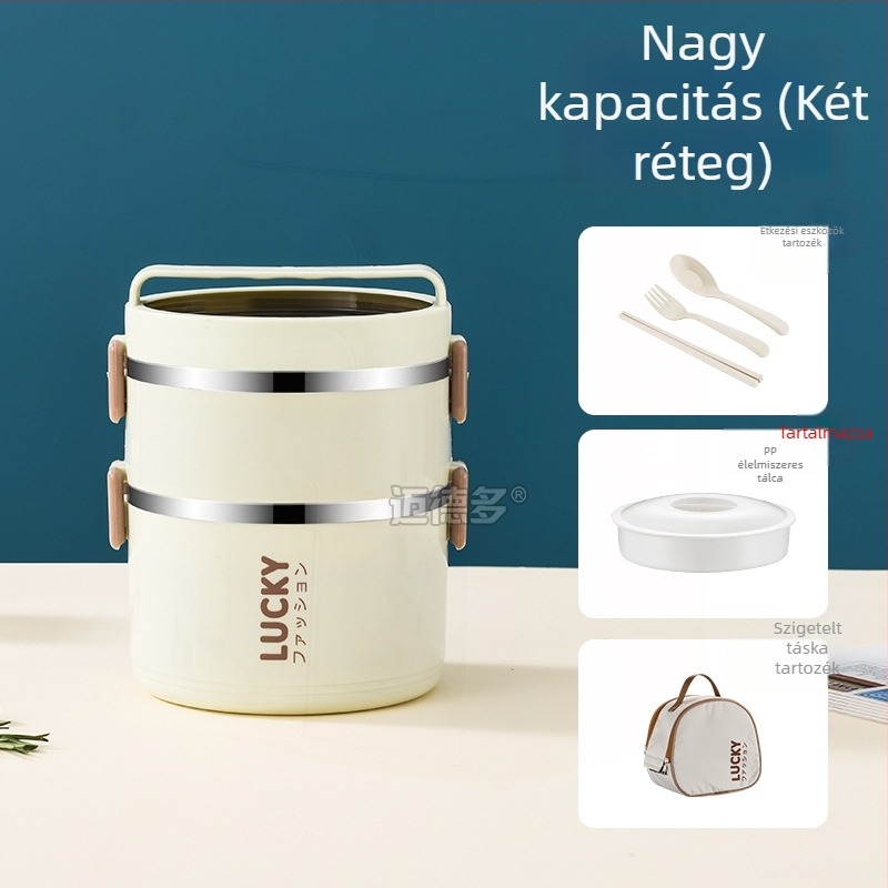 Élelmiszer-minőségű rozsdamentes acél ebédes doboz, hengeres forma, 1–2 L kapacitás, többszintes, diákoknak, mikrohullámú sütővel kompatibilis
