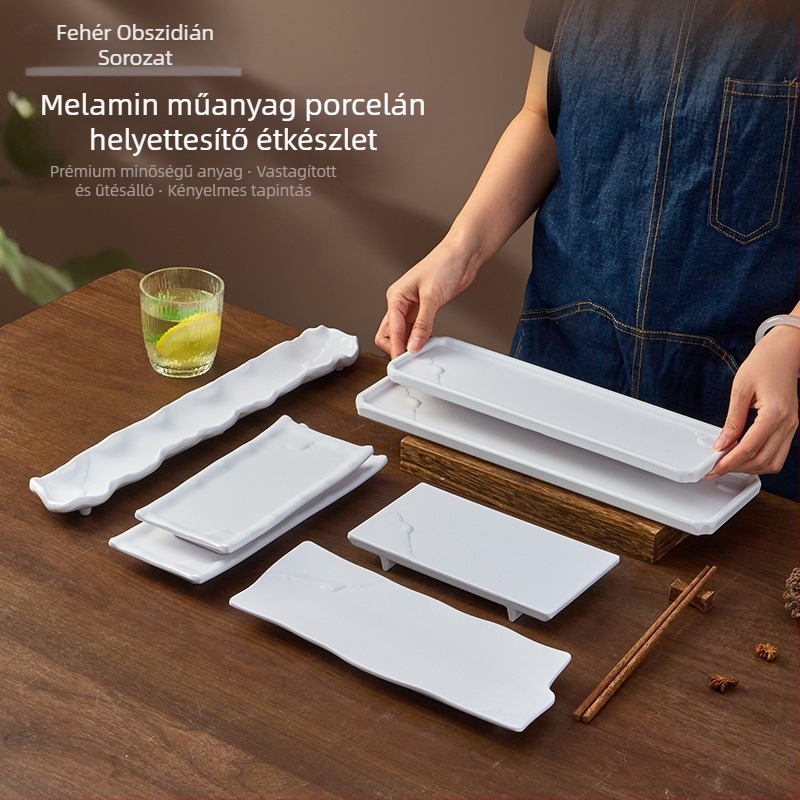 Melamin téglalap alakú lapos tál sushihoz és köretekhéz — testreszabható logó, mikrohullámú sütőhöz nem alkalmas, ideális szállodai és éttermi használatra