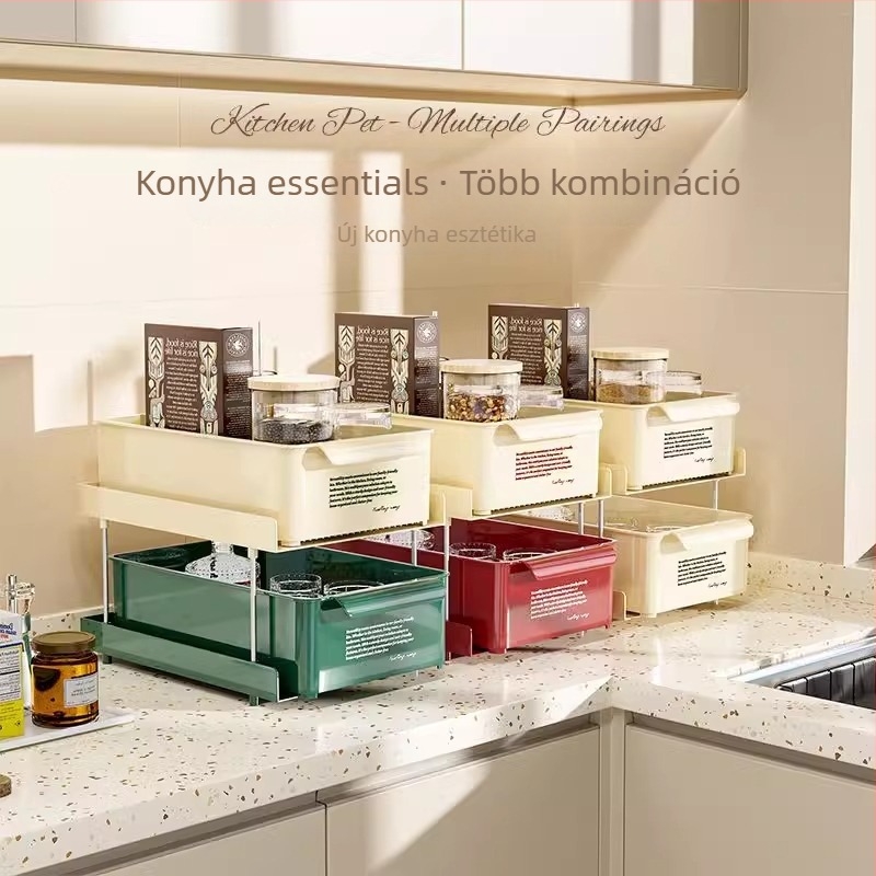 ABEPC 3-tétes kihúzható asztali tároló — PET + rozsdamentes acél, hordozható, konyha és smink rendező