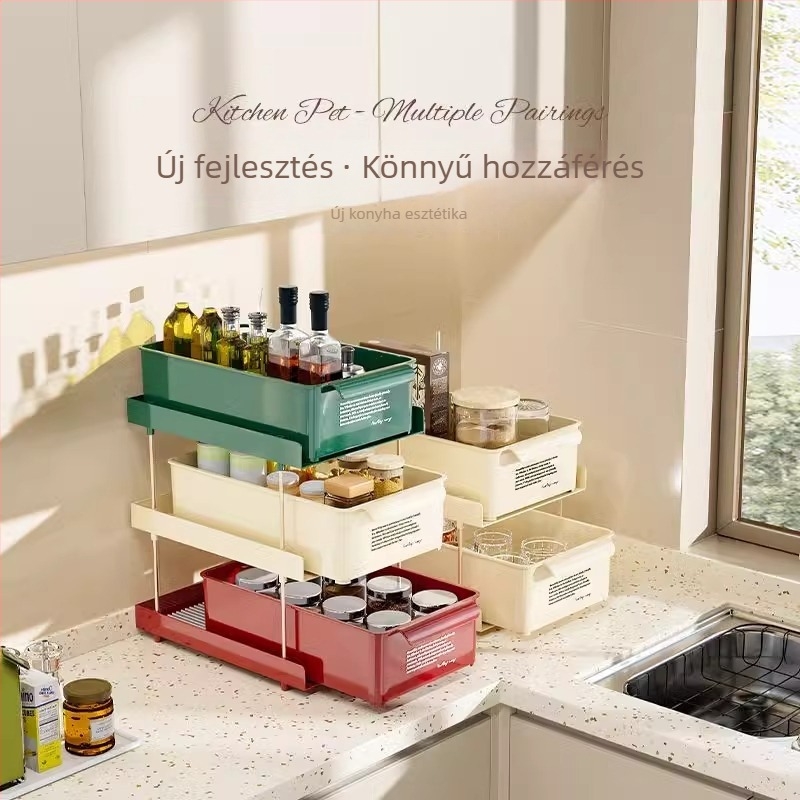 ABEPC 3-tétes kihúzható asztali tároló — PET + rozsdamentes acél, hordozható, konyha és smink rendező
