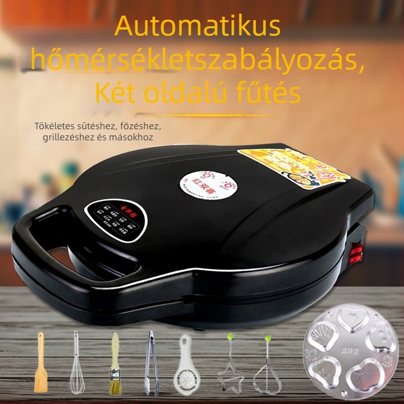 Elektronikus palacsinta serpenyő kettős oldali fűtéssel, 28–32 cm átmérő, 1200–1500 W, gombos vezérlés