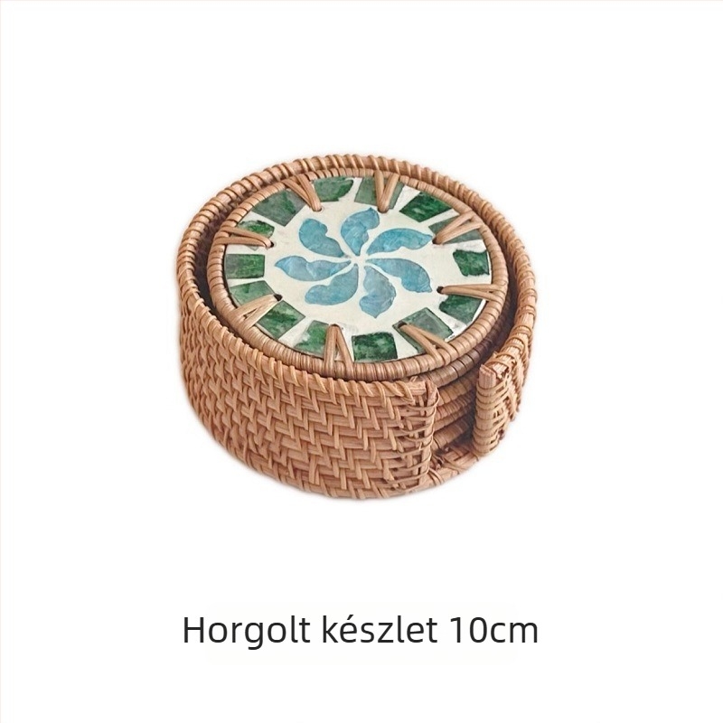 Teáscsésze alátét rattanból és kagylókból, délkelet-ázsiai stílus, hőszigetelő, kör vagy négyszögletes forma, biológiailag lebomló