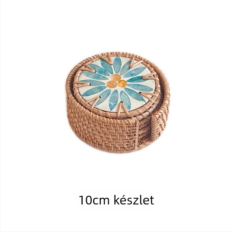 Teáscsésze alátét rattanból és kagylókból, délkelet-ázsiai stílus, hőszigetelő, kör vagy négyszögletes forma, biológiailag lebomló