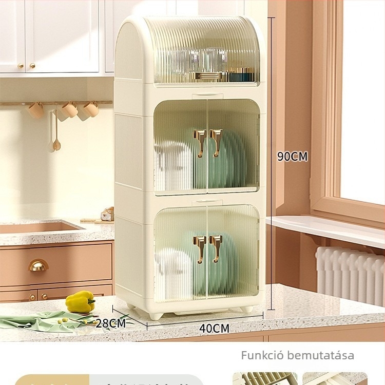 Konyhai edénytároló polc – porálló, 3-szintes, mozgatható, műanyag