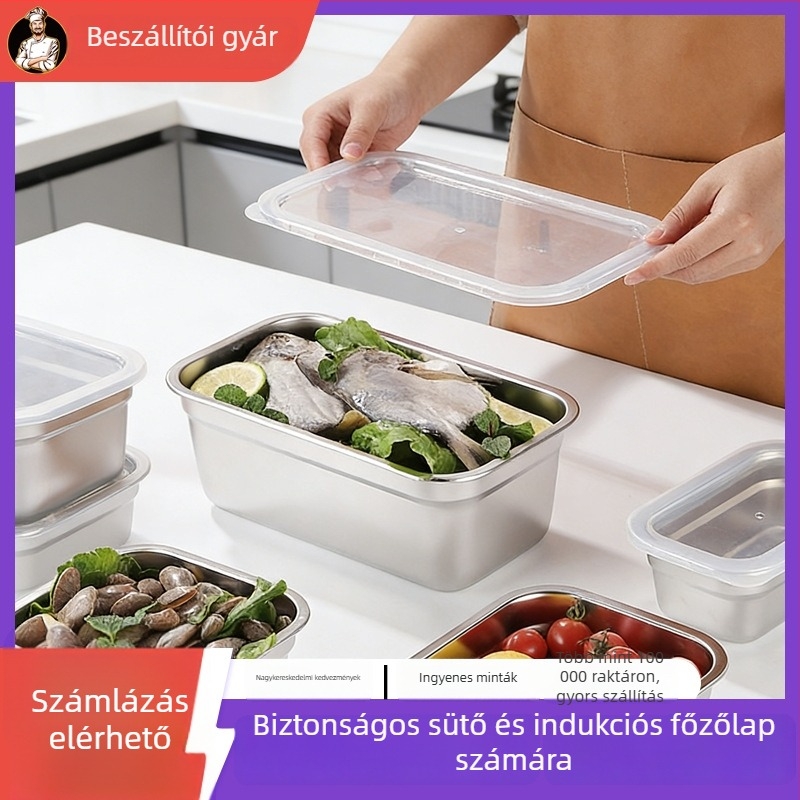 Rozsdamentes acél téglalap alakú ételtároló doboz fedéllel, 800–1000 ml, szigetelés nélküli, mikróban nem használható