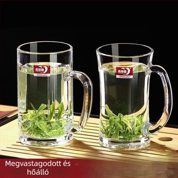 Hőálló vastag üveg teás pohár fogantyúval, kínai stílusú, fedéllel