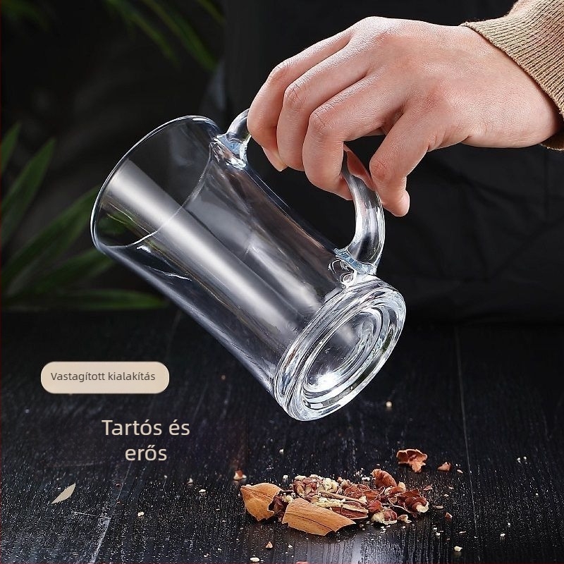Hőálló vastag üveg teás pohár fogantyúval, kínai stílusú, fedéllel