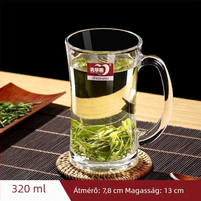 Hőálló vastag üveg teás pohár fogantyúval, kínai stílusú, fedéllel