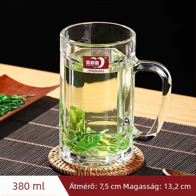 Hőálló vastag üveg teás pohár fogantyúval, kínai stílusú, fedéllel