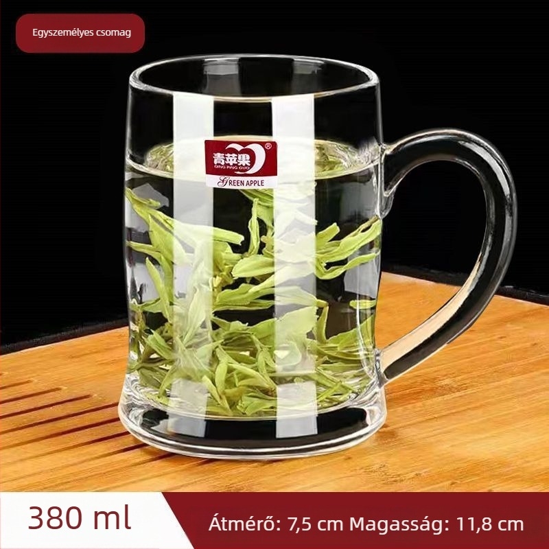 Hőálló vastag üveg teás pohár fogantyúval, kínai stílusú, fedéllel